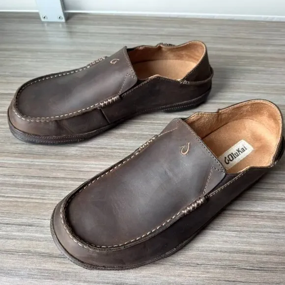 OluKai Moloa Men’s Nubuck Slip On Loafers Shoes Mocs $140 in Dk Wood-Dk Java