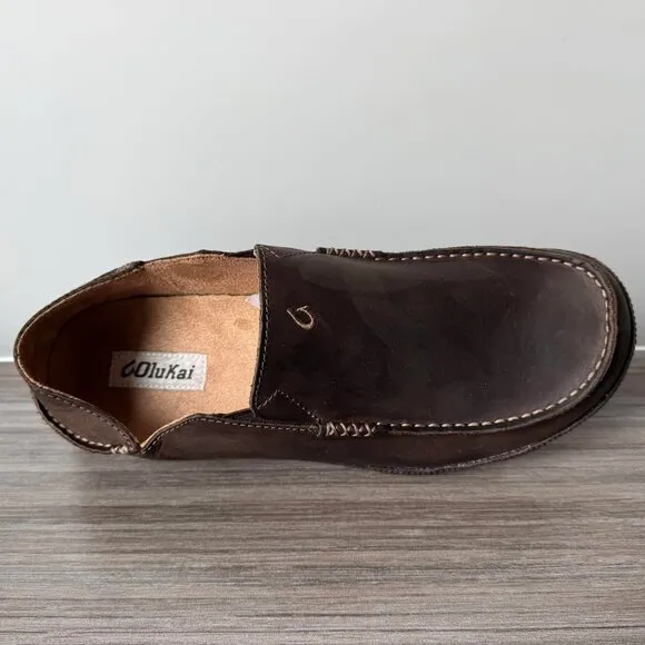 OluKai Moloa Men’s Nubuck Slip On Loafers Shoes Mocs $140 in Dk Wood-Dk Java