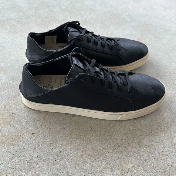 Olukai Kahu Pahaha Shoes Black Leather Low Top Casual Sneakers Men’s Size 12