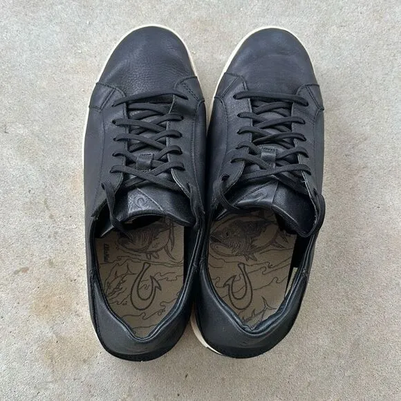 Olukai Kahu Pahaha Shoes Black Leather Low Top Casual Sneakers Men’s Size 12