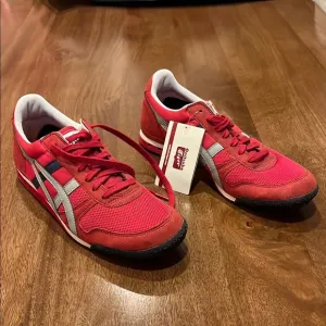 Onitsuka Tiger Red Athletic Sneakers with White, Grey, and Blue Accents Size 10