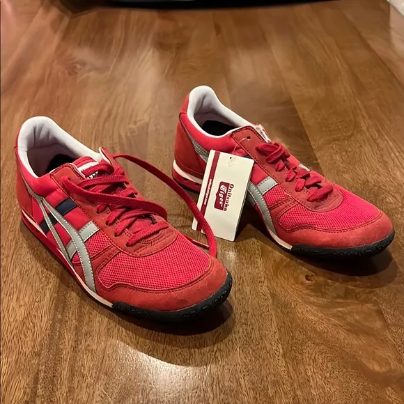 Onitsuka Tiger Red Athletic Sneakers with White, Grey, and Blue Accents Size 10