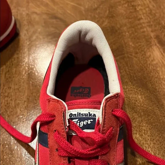 Onitsuka Tiger Red Athletic Sneakers with White, Grey, and Blue Accents Size 10