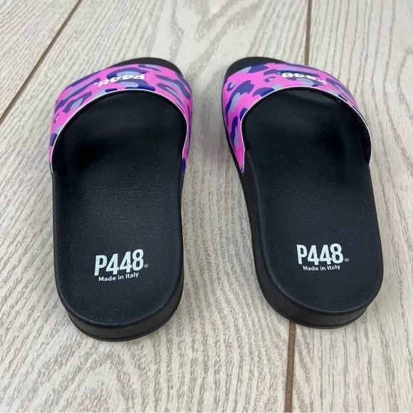P448 Super Water Resistant Leopard Print Slide Sandals 3.5 Black Purple $99