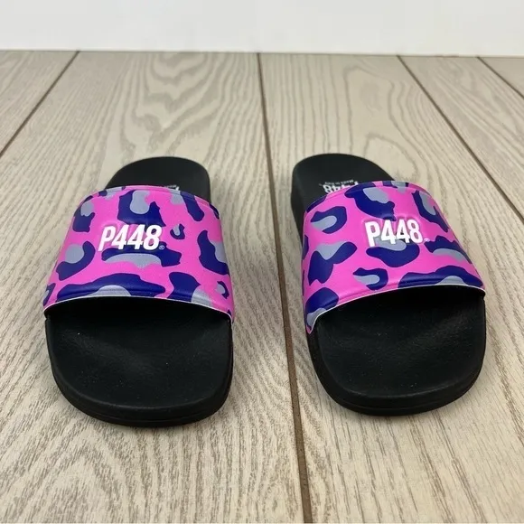 P448 Super Water Resistant Leopard Print Slide Sandals 3.5 Black Purple $99
