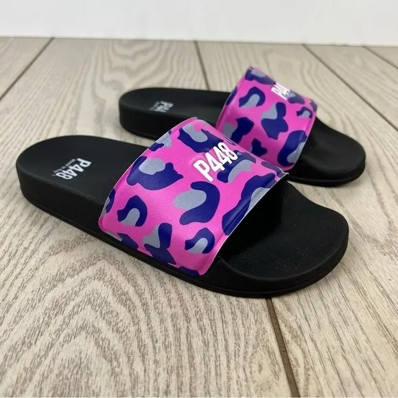 P448 Super Water Resistant Leopard Print Slide Sandals 3.5 Black Purple $99