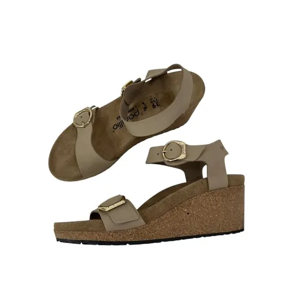 Papillio By Birkenstock Taupe Wedge Sandals Size 39 Adjustable Double Straps