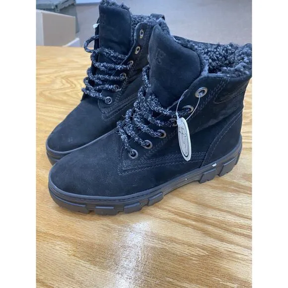 Paul Green Joaquin Genuine Shearling Women's 7 Black Leather Combat Boots B50