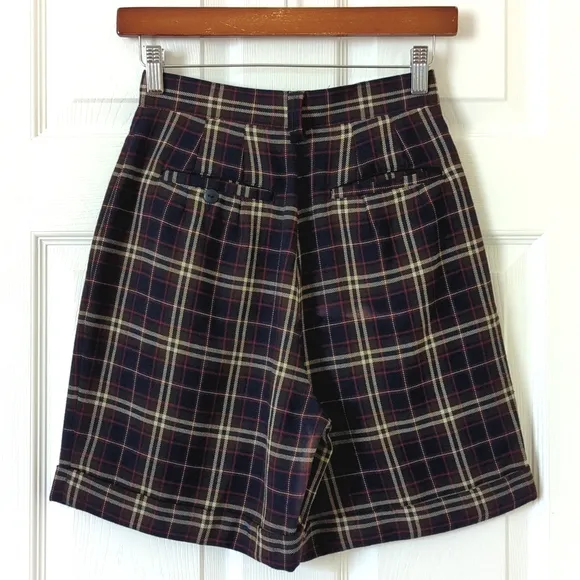 Paul Harris Design 90's Vintage Plaid Preppy Pleated Wide Leg Shorts Navy Red 2
