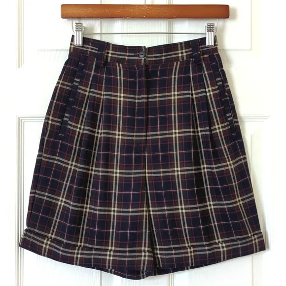 Paul Harris Design 90's Vintage Plaid Preppy Pleated Wide Leg Shorts Navy Red 2