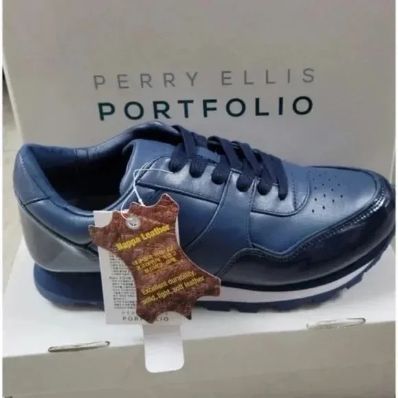Perry Ellis | Portfolio Men's Navy Blue Sneakers Size 8 NIB Napa Leather