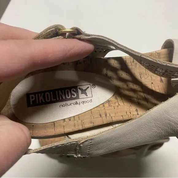 Pikolinos Mykonos Criss Cross Calfskin Leather Sandal tan beige cork 38 US 7.5-8