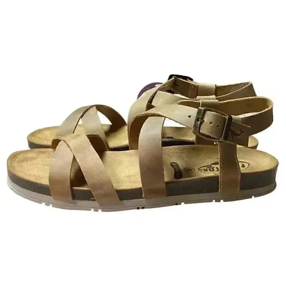 Plakton Sanals Women 9 40 Brown Gemma Ankle Strap Leather Cork Flat NEW