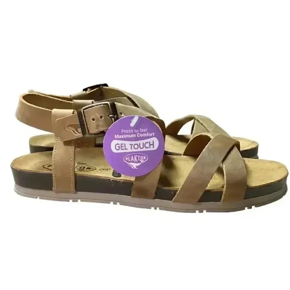 Plakton Sanals Women 9 40 Brown Gemma Ankle Strap Leather Cork Flat NEW