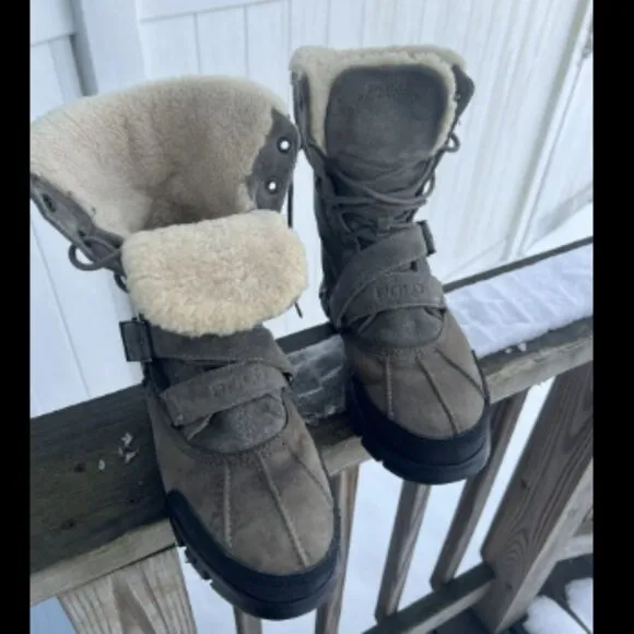 Polo by Ralph Lauren Tavin Rollover-Top Leather Shearling Boots-Gray (Size 10)