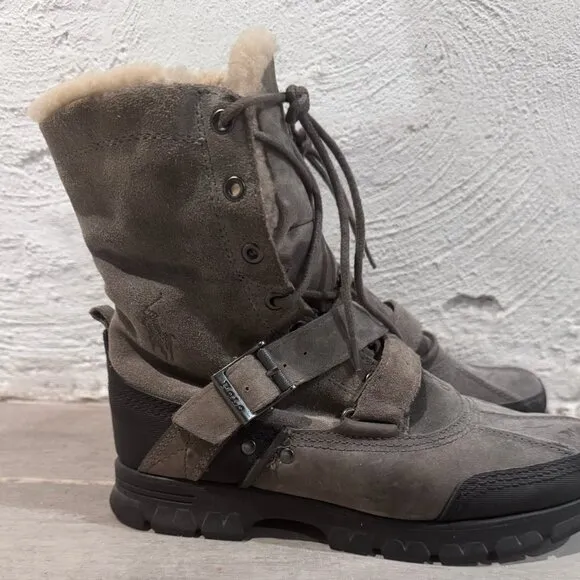 Polo by Ralph Lauren Tavin Rollover-Top Leather Shearling Boots-Gray (Size 10)