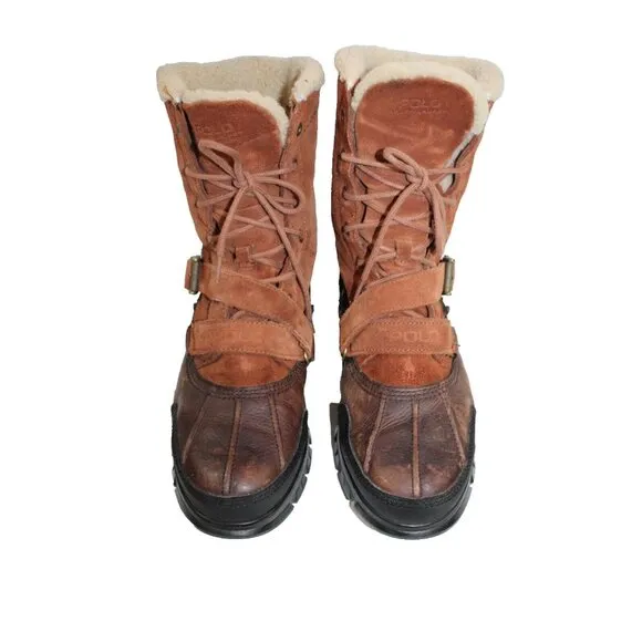 Polo Ralph Lauren Tavin Rollover Shearling Brown Leather Boots Mens Size 11.5 D