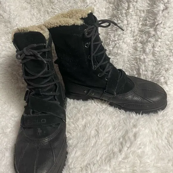 Polo Ralph Lauren Tavin Rollover Black Shearling lace up  Boots Men’s SZ10D