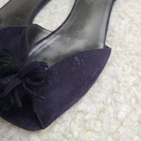 Prada Navy Blue Suede‎ Leather Tassel Peep-toe D'orsay Flats sz 40