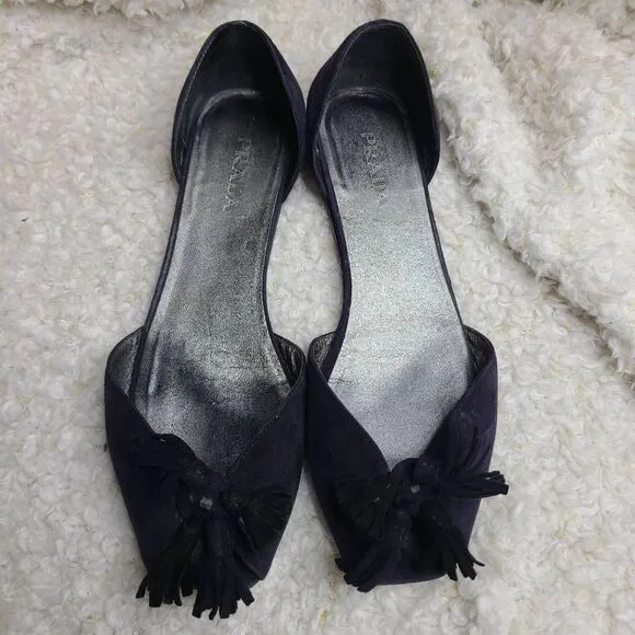Prada Navy Blue Suede‎ Leather Tassel Peep-toe D'orsay Flats sz 40