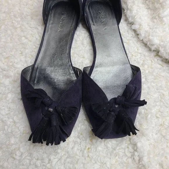 Prada Navy Blue Suede‎ Leather Tassel Peep-toe D'orsay Flats sz 40