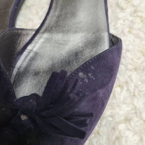 Prada Navy Blue Suede‎ Leather Tassel Peep-toe D'orsay Flats sz 40