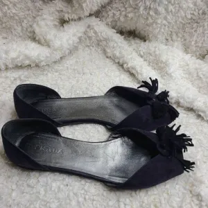 Prada Navy Blue Suede‎ Leather Tassel Peep-toe D'orsay Flats sz 40