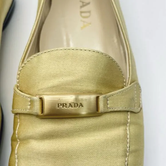 PRADA Size 6.5 Vintage Satin Loafers Mustard Yellow Gold Accent Round Toe Shoes