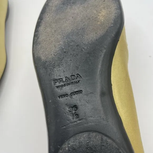 PRADA Size 6.5 Vintage Satin Loafers Mustard Yellow Gold Accent Round Toe Shoes