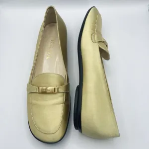 PRADA Size 6.5 Vintage Satin Loafers Mustard Yellow Gold Accent Round Toe Shoes
