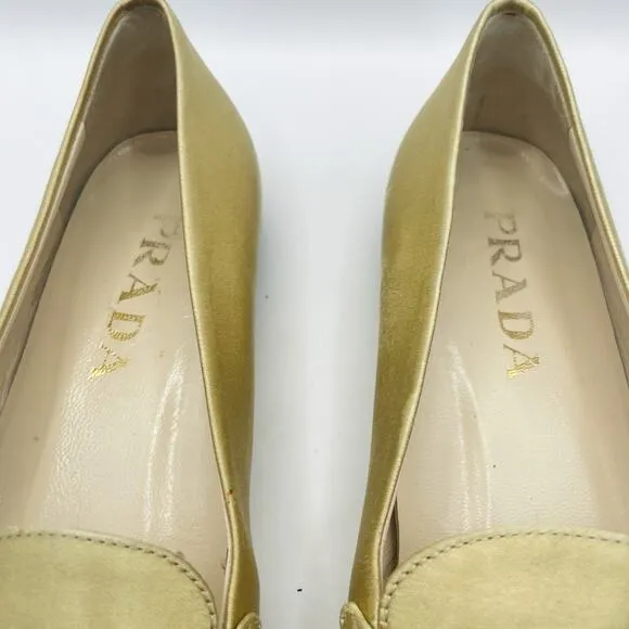 PRADA Size 6.5 Vintage Satin Loafers Mustard Yellow Gold Accent Round Toe Shoes