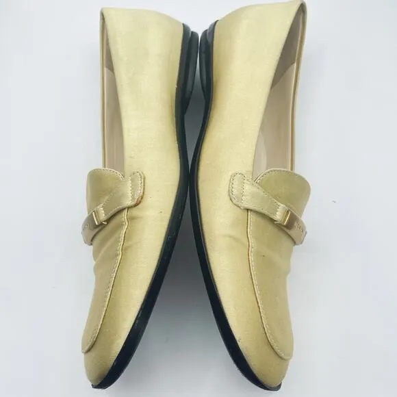 PRADA Size 6.5 Vintage Satin Loafers Mustard Yellow Gold Accent Round Toe Shoes