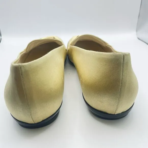 PRADA Size 6.5 Vintage Satin Loafers Mustard Yellow Gold Accent Round Toe Shoes