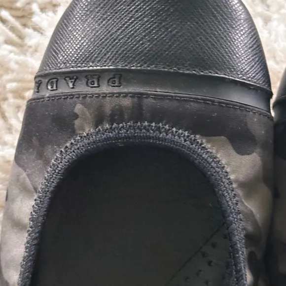 Prada Sport Black Leather and Camouflage Nylon Scrunch Ballet Flats Size 7