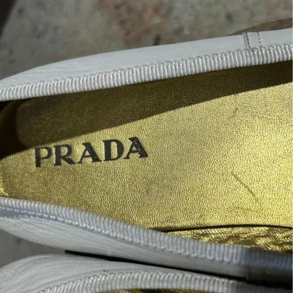 Prada White with Gold Toe Ballet Flats