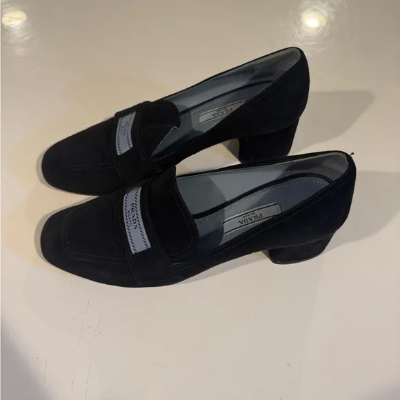 Prada Women's Black Suede Logo Low Heel Loafers