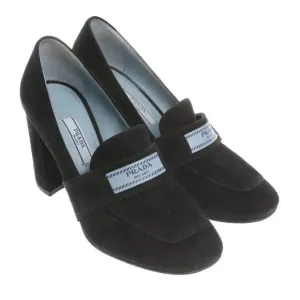 Prada Women's Black Suede Logo Low Heel Loafers