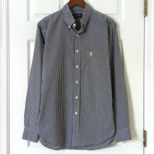 Psycho Bunny Preppy Gingham Plaid Long Sleeve Button Down Shirt Navy White M