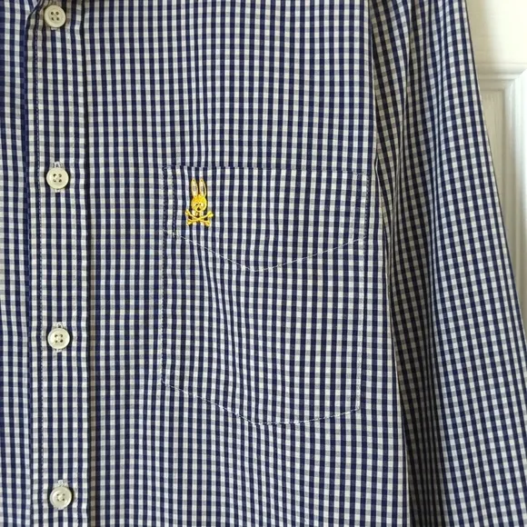Psycho Bunny Preppy Gingham Plaid Long Sleeve Button Down Shirt Navy White M
