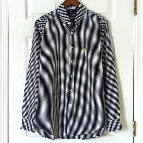Psycho Bunny Preppy Gingham Plaid Long Sleeve Button Down Shirt Navy White M