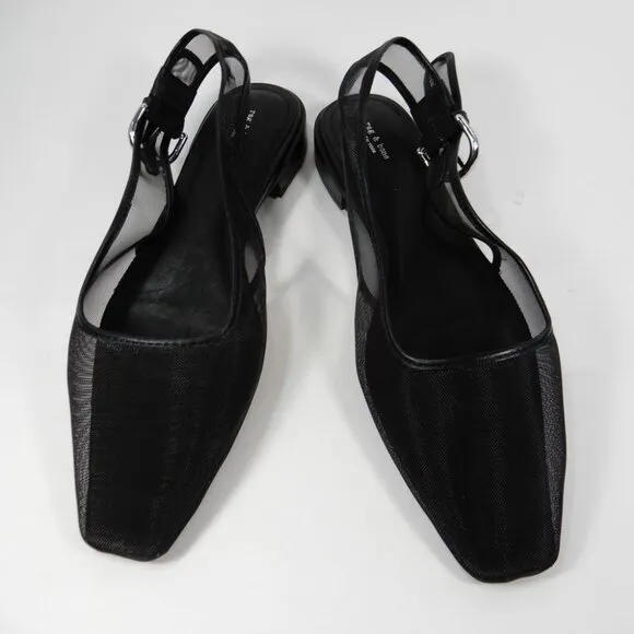 Rag &amp; Bone Astra Slingback Flats Size 7.5 Black Mesh Leather Trim NEW $328
