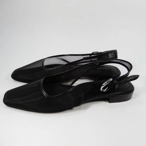 Rag &amp; Bone Astra Slingback Flats Size 7.5 Black Mesh Leather Trim NEW $328