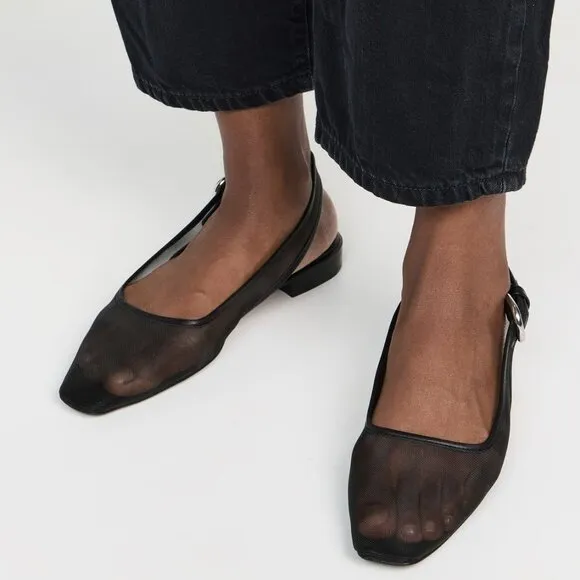 Rag &amp; Bone Astra Slingback Flats Size 7.5 Black Mesh Leather Trim NEW $328