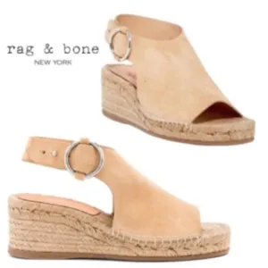 RAG &amp; BONE Calla Dune Tan Suede Buckle Wedge Sandals Sz 37 / US 7-7.5