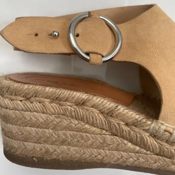 RAG &amp; BONE Calla Dune Tan Suede Buckle Wedge Sandals Sz 37 / US 7-7.5