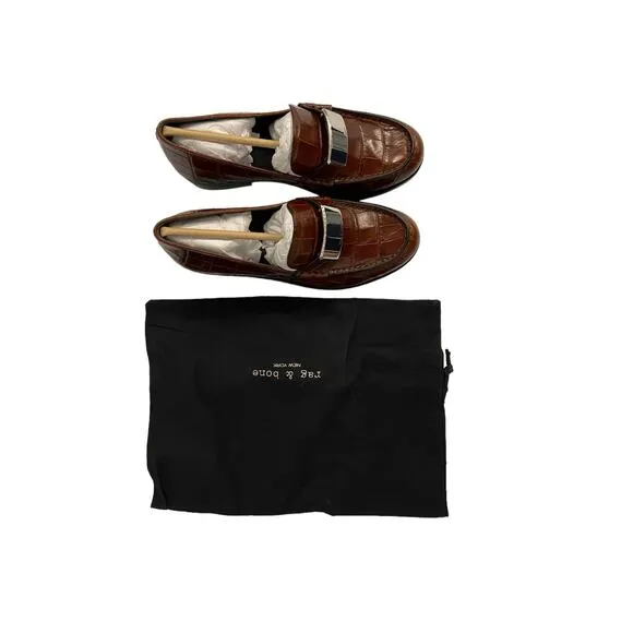 Rag &amp; Bone Canter Loafers Crocodile Leather Embossed Slip On Brown Size 36.5