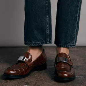 Rag &amp; Bone Canter Loafers Crocodile Leather Embossed Slip On Brown Size 36.5