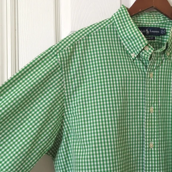 Ralph Lauren 90's Vintage Gingham Plaid Long Sleeve Button Down Shirt Green XL
