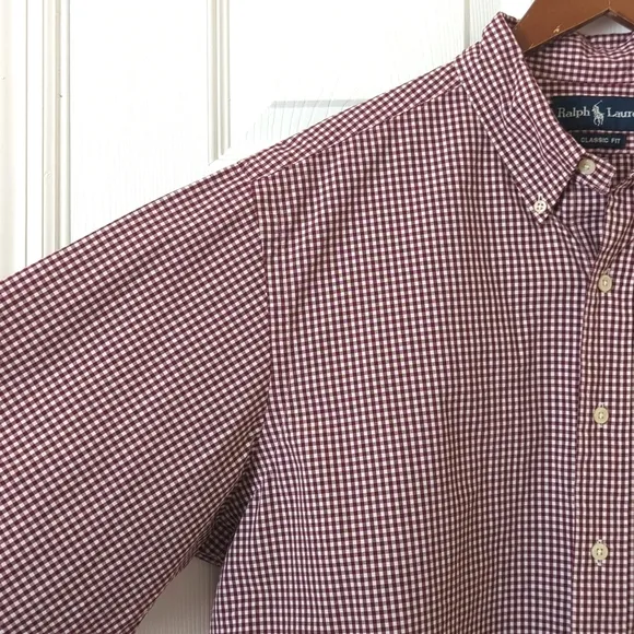 Ralph Lauren 90's Vintage Gingham Plaid Long Sleeve Button Down Shirt Maroon XL