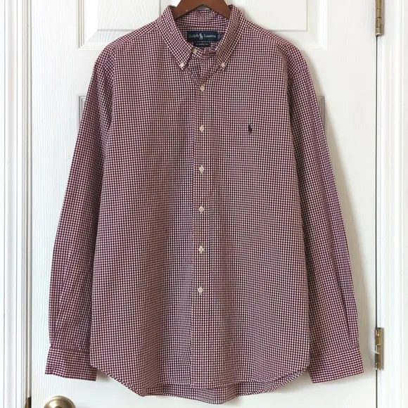 Ralph Lauren 90's Vintage Gingham Plaid Long Sleeve Button Down Shirt Maroon XL